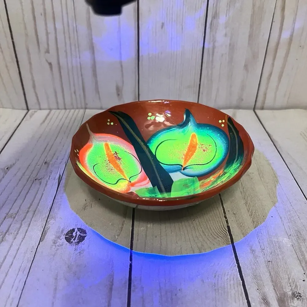 Vintage Mexican Pottery UV Reactive Hand Painted Calla Lily Bowl MCM Kitsch